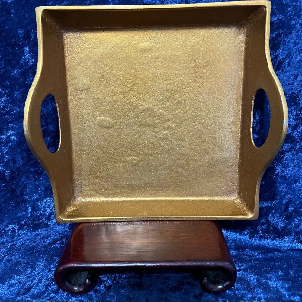 Gold Square Metal Tray Felt Tabs On Bottom Great for Jewelry, Keys,Good on Shelf